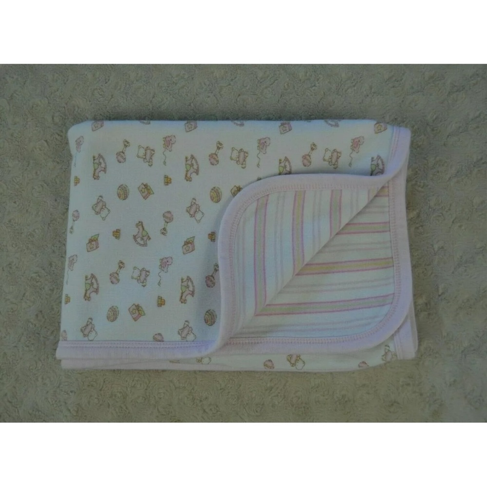 Starting Out Baby Blanket Pink White Stripe Teddy Bear Rattle Rocking Horse